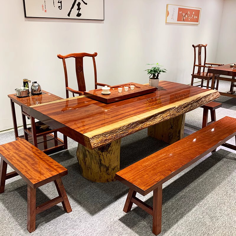 巴花大板原木大板茶桌椅组合家用茶几办公室实木茶桌泡茶台整板桌|undefined