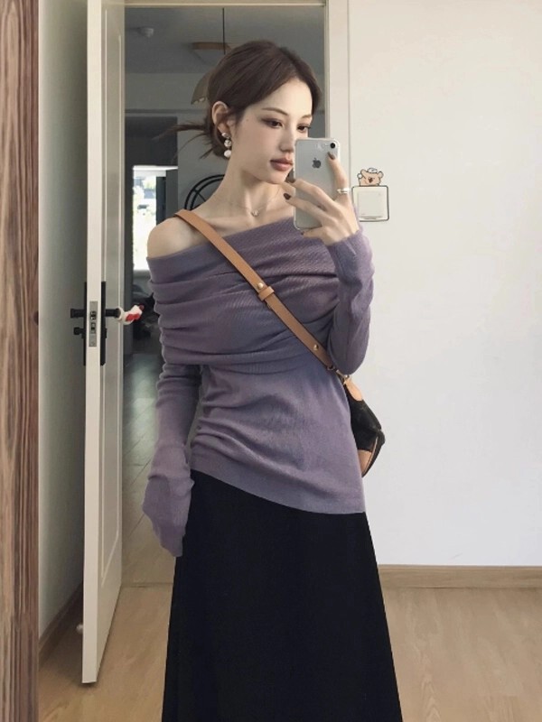 法式紫色一字肩连衣裙子女早秋季2025新款韩系小个子穿搭套装长裙|undefined