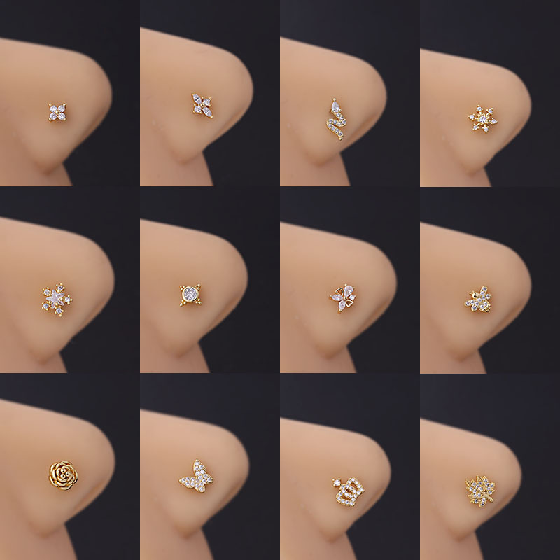 Titanium Steel Screw Rod Nose Stud Micro Inlaid Zircon Butterfly Crown Fashion Nose Studs