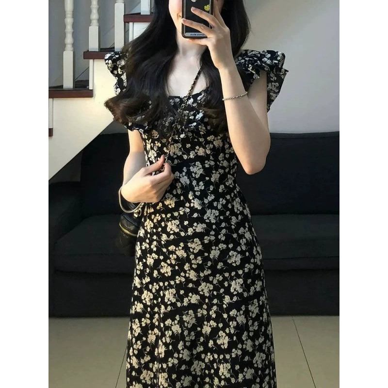 Черное платье с цветочным принтом на талии, утягивающее маленькое платье с летящими рукавами, женское летнее тонкое элегантное платье высокого класса в стиле Хепберн