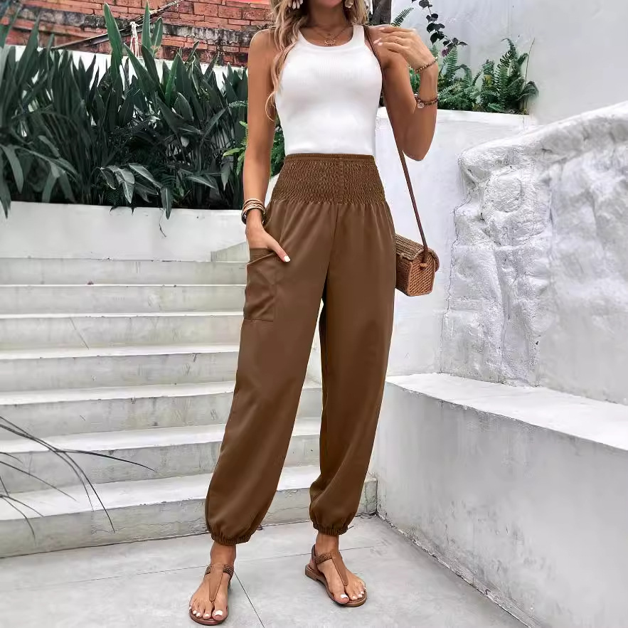 Ready Stock-92073 # Amazon Cross-Border Foreign Trade European and American Clothing Elastic High-Waisted Wide-Leg Nine-Point Pants and Leggings