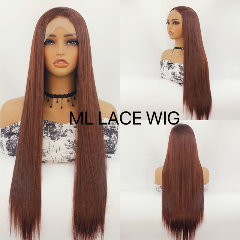 13*4 red-brown lace wig synthetic chemical fiber pre-pulled hairline suitable for ladies high temperature suitable for daily pie