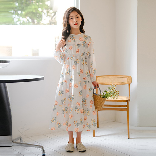 Spring and Autumn Korean Style Girls' Dresses for Big Children Short Sleeve Flower Waist Cake Dress Internet Celebrity Style Student Outfits
