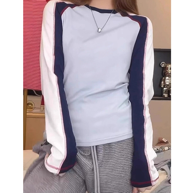 Тяжелый промышленник светлый цвет, хлопчатобумажная футболка с длинными рукавами, женская ранняя осень 2024 новая мода дикая тонкая рубашка с круглым вырезом