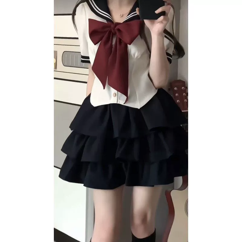 Оптовая продажа 130kg внутренняя одежда большого размера с бантом и темно-синим воротником контрастного цвета, рубашка с высокой талией и рюшами, подъюбник, костюм для женщин