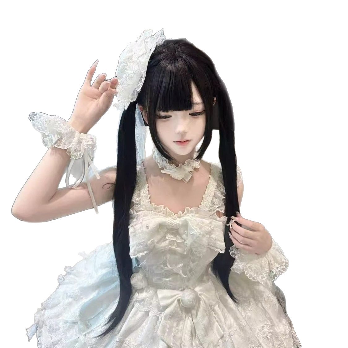 Duo Xiu peluca red rojo Shaoluo natural peluca Lolita Qi Liuhai doble cola de caballo nuevo estilo marrón negro 80cm cabello recto