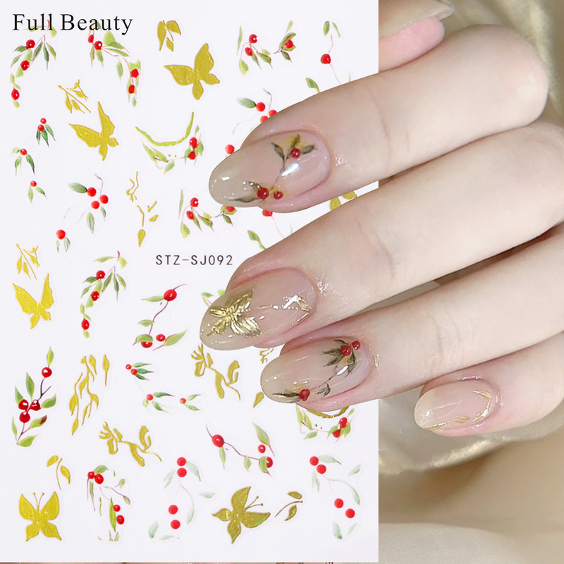 New Chinese style red bean nail stickers gilding leaves butterfly lovesick bean adhesive nail stickers wholesale nail