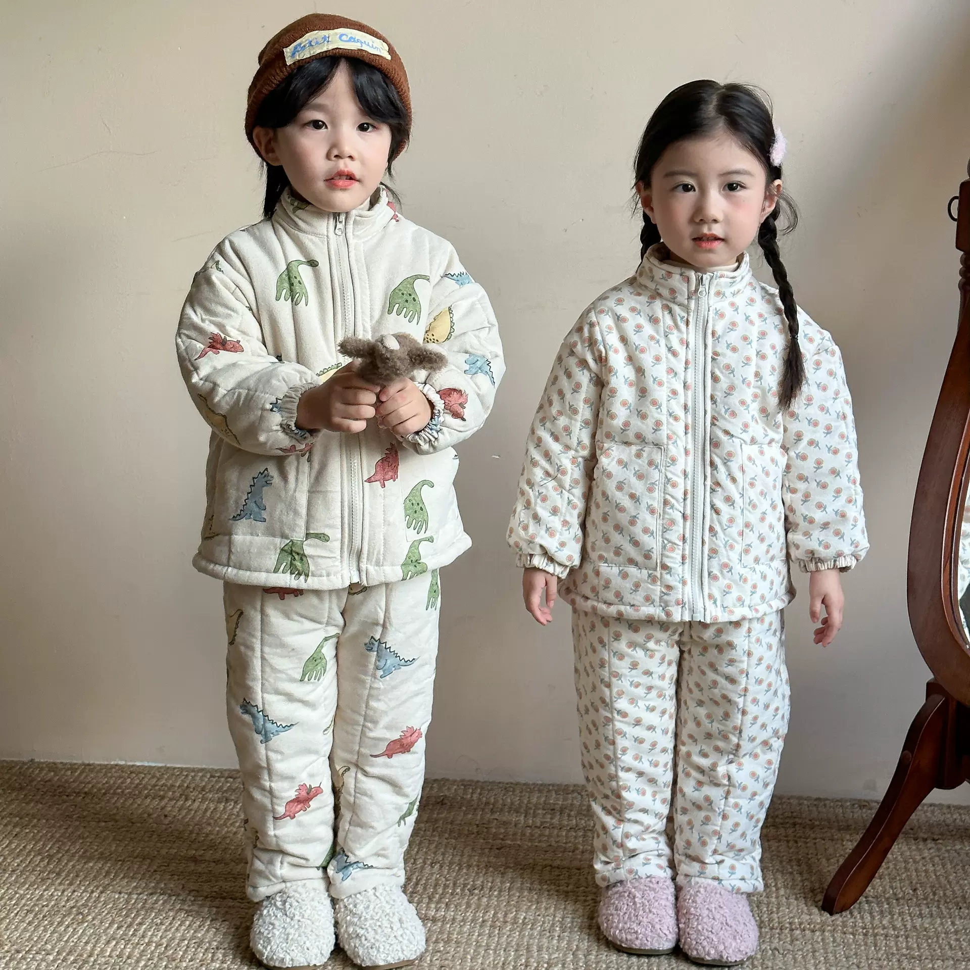 儿童睡衣冬季加厚款男童保暖宝宝加绒三层夹棉女童小孩家居服套装