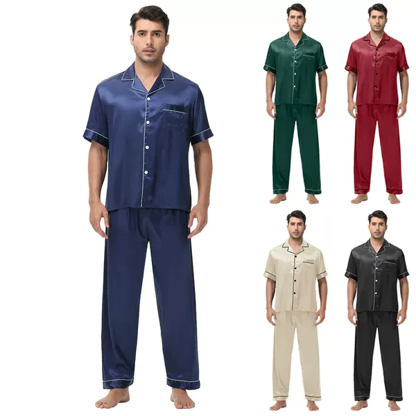 Cross-Border Amazon European and American Foreign Trade Men's Short-Sleeved Ice Silk Large Size Pajamas Spring and Summer Casual Home Wear Set