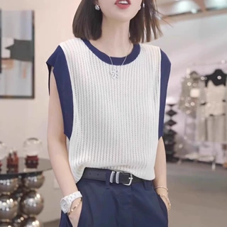 欧货时尚撞色无袖针织衫女夏季新款宽松T恤气质百搭条纹短袖外穿