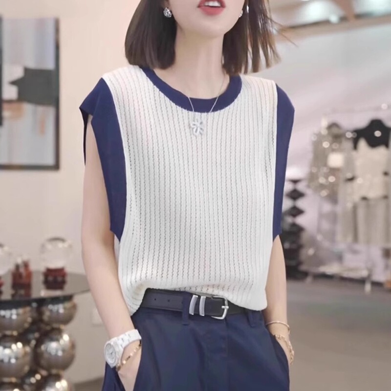 European Fashion Color-Blocked Sleeveless Knit Top for Women, New Summer Style, Loose T-Shirt, Stylish and Versatile Striped Short-Sleeve Outerwear European Fashion Color-Blocked Sleeveless Knit Top for Women, New Summer Style, Loose T-Shirt, Stylish and Versatile Striped Short-Sleeve Outerwear