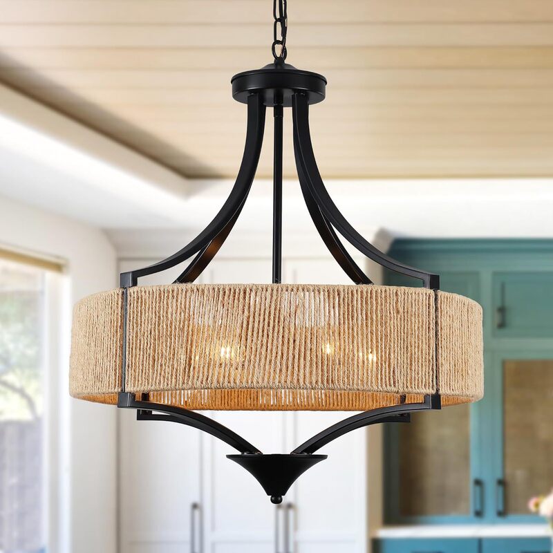 Cross-Border Exclusive Farmhouse Chandelier Bohemian Style Hand-Woven Wicker Lampshade Suitable for Dining Room and Living Room Lights