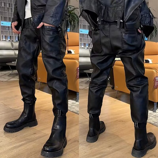 Autumn and Winter New Windproof and Waterproof Leather Pants Men's Black Loose Ankle Pants Trendy Fashion All-match Casual Trousers for Men
