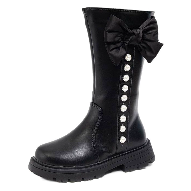 Детские хлопковые сапоги, модные детские сапоги-принцессы с бантом и жемчугом, новинка осени-зимы 2025, теплые высокие сапоги на флисовой подкладке для девочек