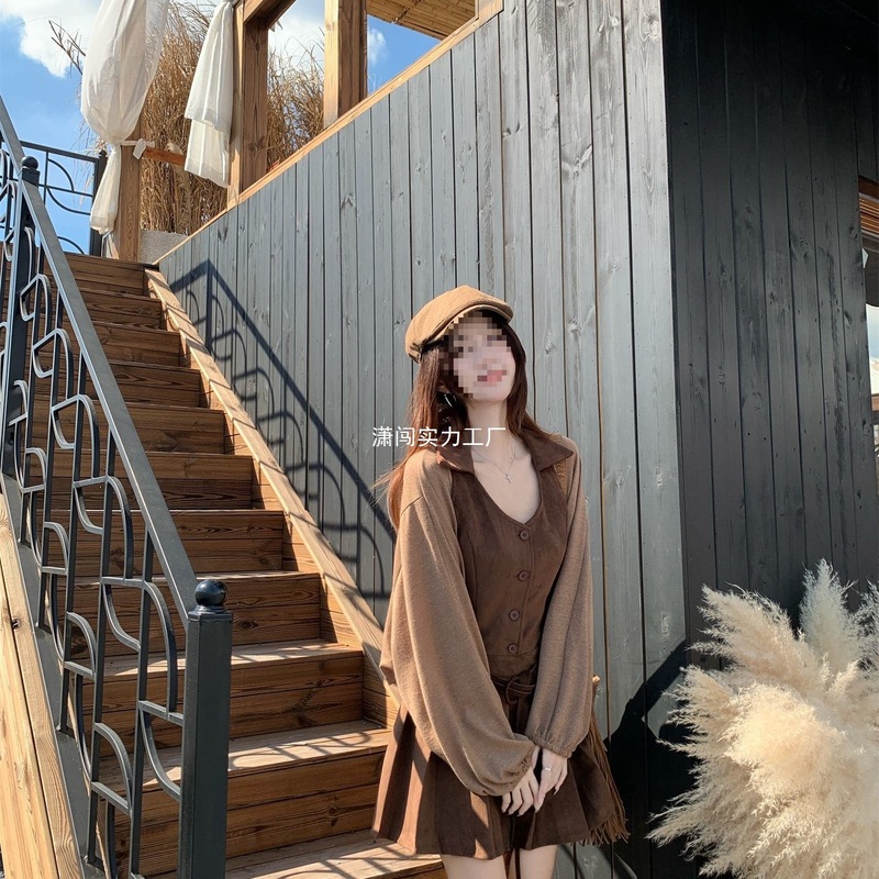 复古POLO领麂皮绒百褶连衣裙女2025秋季新款收腰显瘦背心A字短裙|undefined