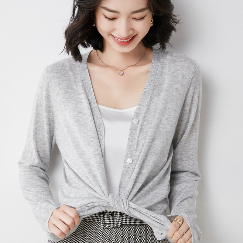 울 니트 가디건 여성용 얇은 가을, 겨울 짧은 스타일 루즈한 솔리드 컬러 여성용 다용도 V 넥 스웨터 재킷