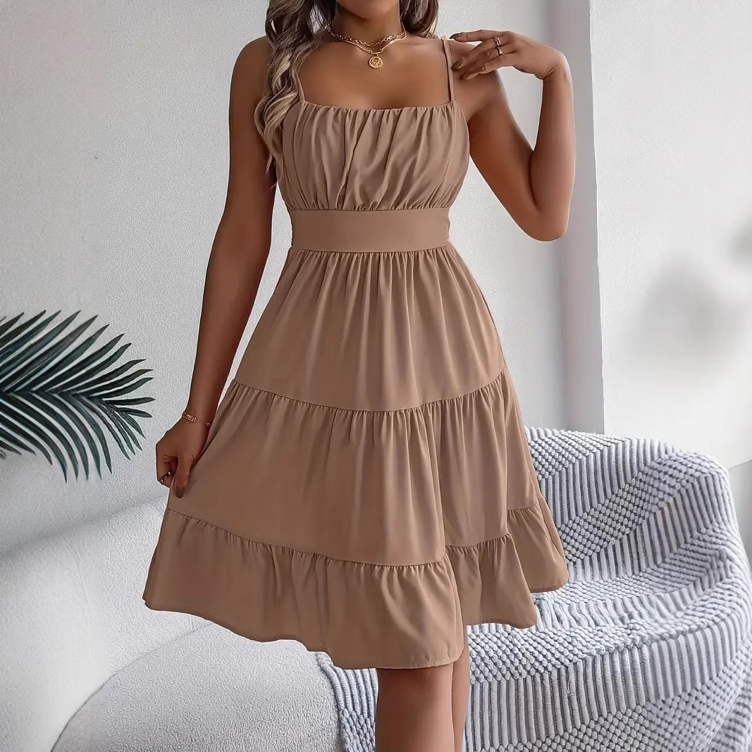 European and American Amazon Cross 2025 Spring and Summer New Women's Sleeveless Suspender Square Neck Layered Pleated Dress