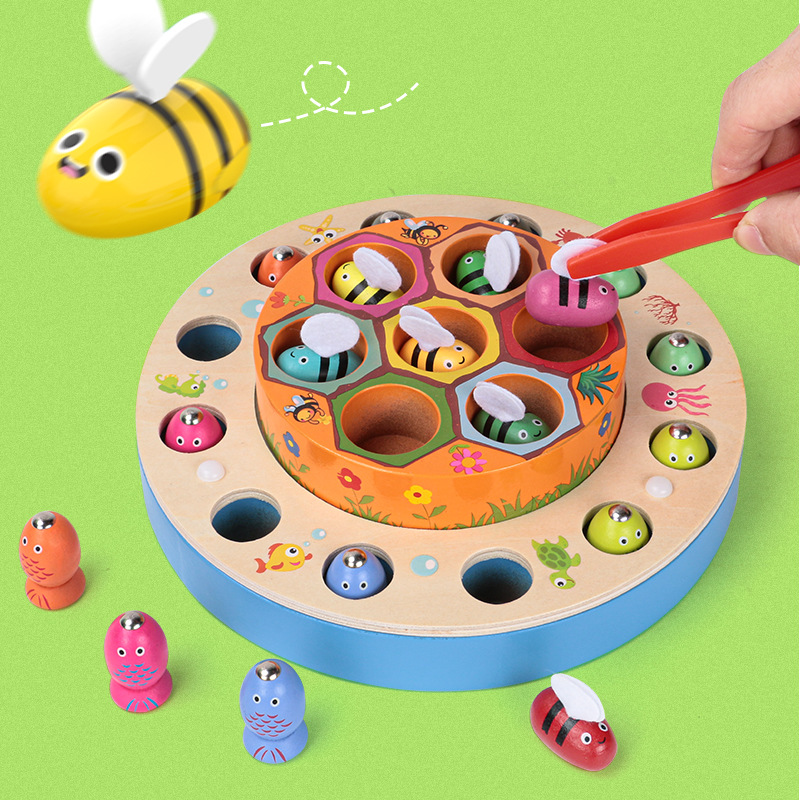 Wooden Children's Early Education Fun Double Cake Fishing Clip Bee Exercise Hand-eye Coordination Educational Toy