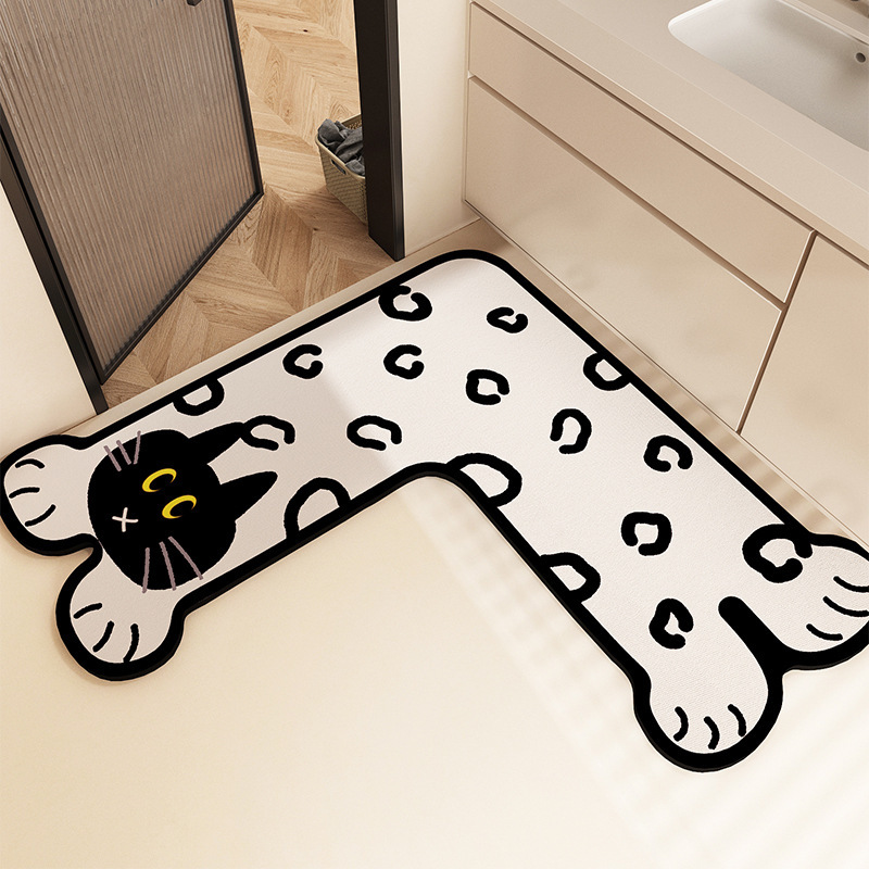 Cartoon Cute Kitten Bathroom Kitchen Diatom Mud Floor Mat Cooking Table Corner L-Shaped Absorbent Mat Resistant to Dirt and Dust
