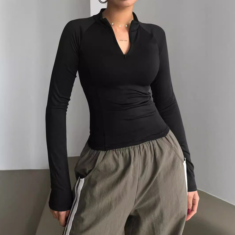 European and American style foreign trade women's Amazon women's sports long sleeve T-shirt solid color Y2K half open collar short top