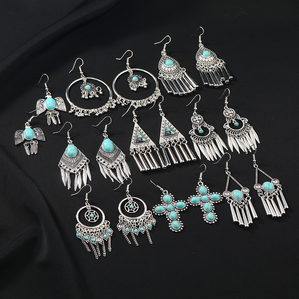 Plating, Inlay Design 1 Pair Retro Ethnic Style Geometric Plating Inlay Alloy Turquoise Drop Earrings