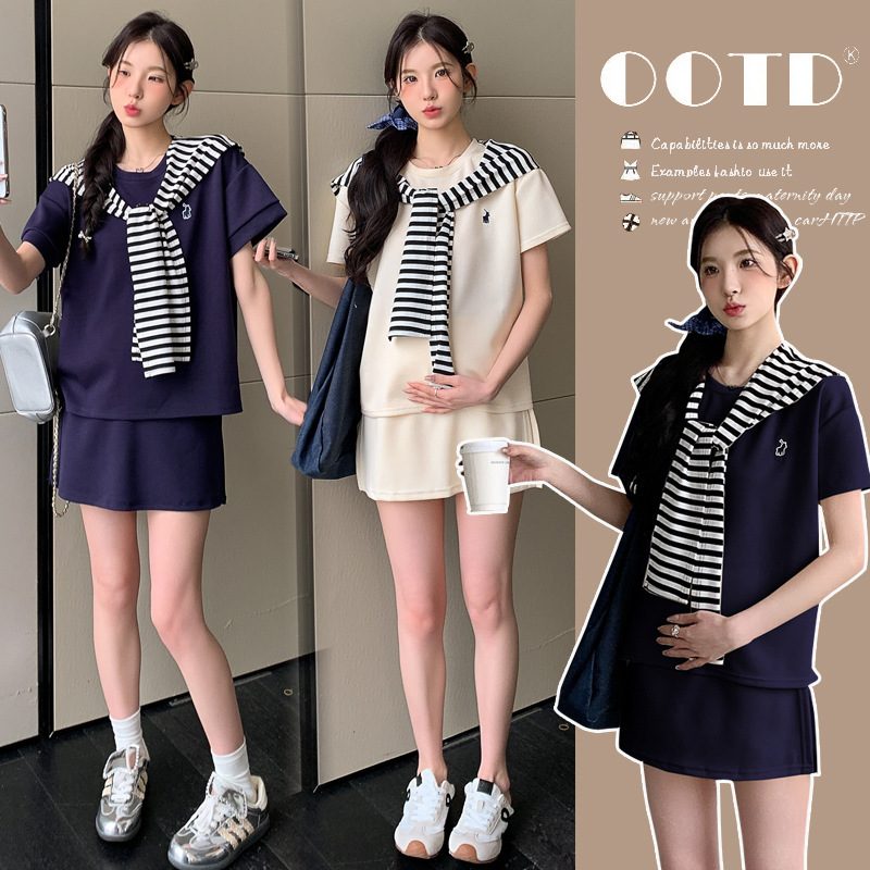Pregnant women's summer clothes suit go out leisure sports embroidery patch short sleeve top with skirt pants shawl three-piece set