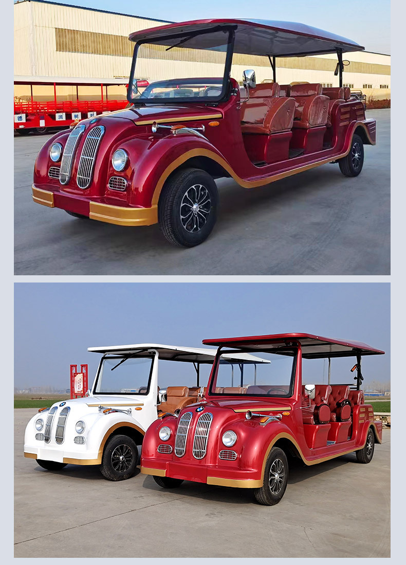 Electric sightseeing vehicle with 8-11-14 seats for real estate sales, sightseeing tours, tourist attractions, and hotel shuttle service, vintage-style classic car