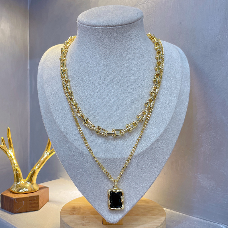 Collana a doppio strato con pietre preziose nere retrò in stile designer, fibbia a ferro di cavallo, stile hip-hop, catena per maglione, catena per clavicola personalizzata_voghion.com