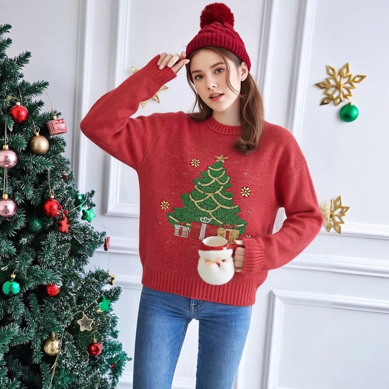 2026 Cross-Border European and American Red Round-Neck Pullover Sweater, Autumn/Winter Women's Christmas Tree Sequin Embroidered Knit Sweater 2026 Cross-Border European and American Red Round-Neck Pullover Sweater, Autumn/Winter Women's Christmas Tree Sequin Embroidered Knit Sweater