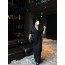 大码女装胖mm感衬衫连衣裙秋季收腰显瘦褶皱设计感开叉长裙子