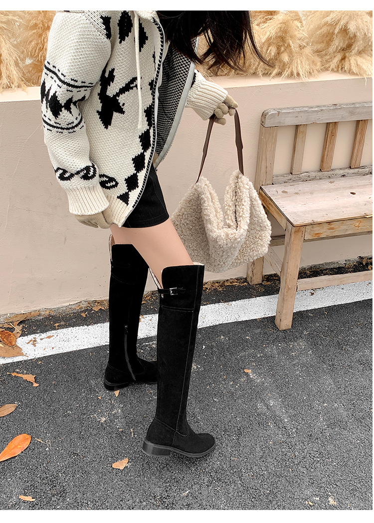 Boot nữ cổ cao ôm chân da bò lộn gót dày hai lớp lông — màu nâu chi tiết 12