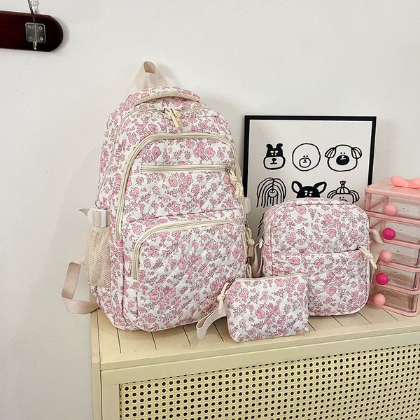 Cross-Border Floral Backpack Three-Piece Set for Girls, Cute Storage Backpack, Foreign Trade High-Looking School Bag for Middle and High School Students