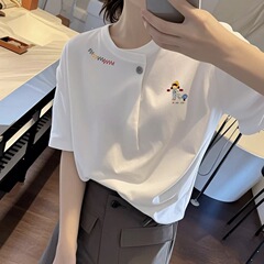 小柄な純綿右肩 Tシャツレディース半袖 2025 夏の新デザインニッチルーズユニークトップイン