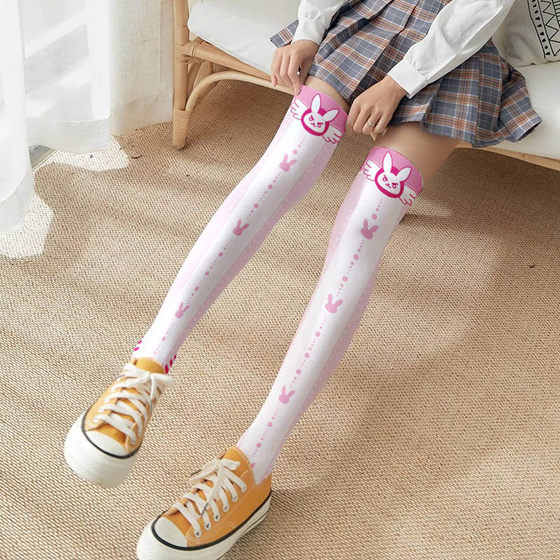 Printed Silk Stockings Thin Women's Spring and Autumn Japanese Style Lolita Cute Animation Over-the-Knee Long White Velvet Socks