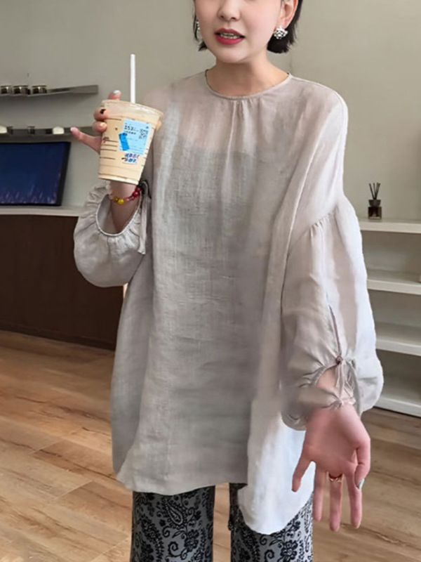 法式高级感圆领薄款灯笼袖衬衫女2025新款夏季宽松设计感防晒上衣|undefined