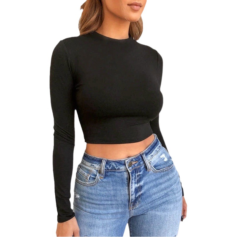 Ropa de mujer europea y americana 2023 Comercio exterior transfronterizo nuevo color sólido básico versátil multicolor manga larga Slim bottoming t-shirt top