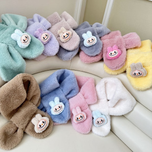 Cute Plush Kidsren's Scarf Cartoon Labubu for Boys and Girls Thickeneded and Warm Baby Cross Imitation Rabbit Fur Scarf