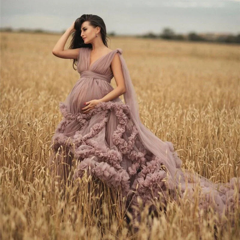 Cross-Border Pleated V-Neck Shoulder Ribbon Three-Dimensional Floral Mesh Maternity Outdoor Photography Trailing Gown Plus Size Women's Clothing Supply