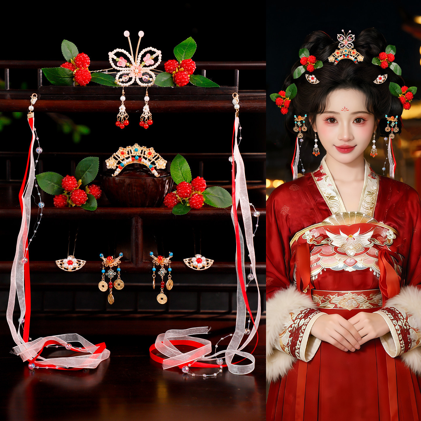 古风汉服红色浆果小清新手工发饰合金发冠新年款甜美少女发饰套装