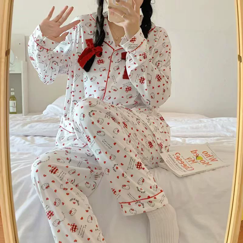 Long‑sleeve pajama cardigan, women’s cartoon print loungewear, relaxed fit, sizes M–XXL