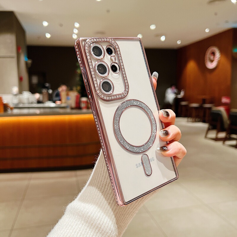 Samsung S24Uitra 透明磁気電話ケース電気メッキ TPU ラインストーン S25PLUS オールインクルーシブソフト保護カバーに適しています。|undefined