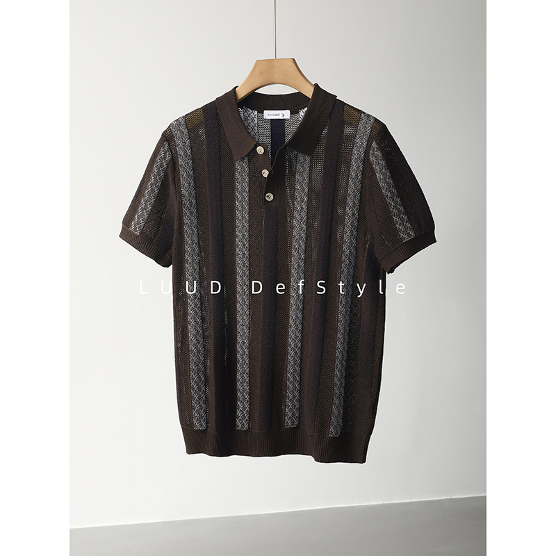 Polo camiseta de punto camiseta de manga corta camiseta de hombre solapa rayas huecas viejos vientos de alto nivel de verano fábrica transfronteriza al por mayor