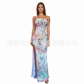 春意盎然~优雅印花设计水钻开叉吊带长裙晚会红毯礼服舞台装白桃
