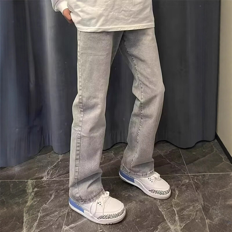 New American Retro High Street Style Ash Gray Versatile Casual Slimming Trendy Straight-Leg Flared Jeans for Men and Women