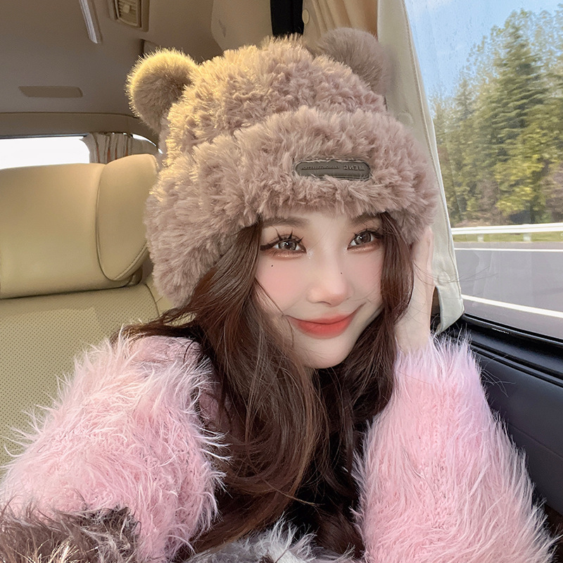Winter cute bear plush hat fisherman female Net red same style wholesale winter warm earmuffs all-match knitted