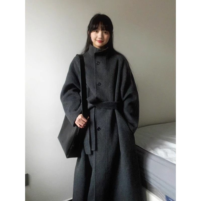 欧美跨境亚马逊灰色感呢子大衣女秋冬季毛呢外套小个子韩系中长款|undefined