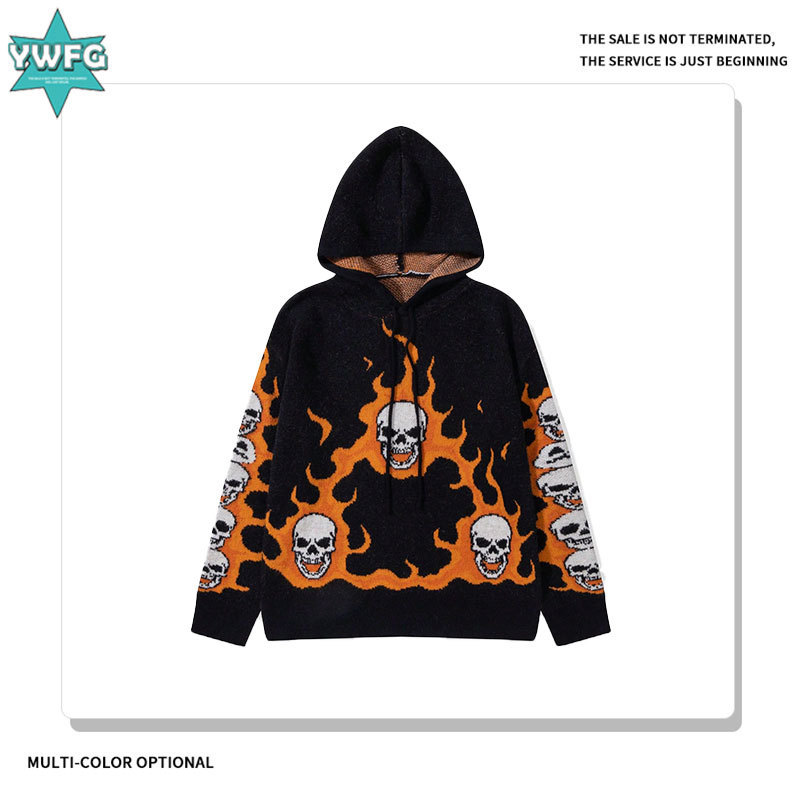 Andrei | American-Style Fun Flame Skull Hooded Knit Sweatshirt Men's Hip-Hop Quirky Pullover Sweater Jacket Andrei | American-Style Fun Flame Skull Hooded Knit Sweatshirt Men's Hip-Hop Quirky Pullover Sweater Jacket
