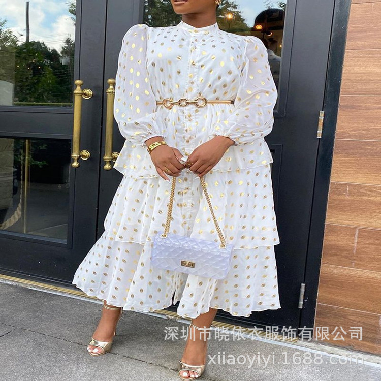 Amazon Cross-Border Best-Selling Women's Long Cardigan with Gold Print, Loose Waist, Elegant Commuter Dress