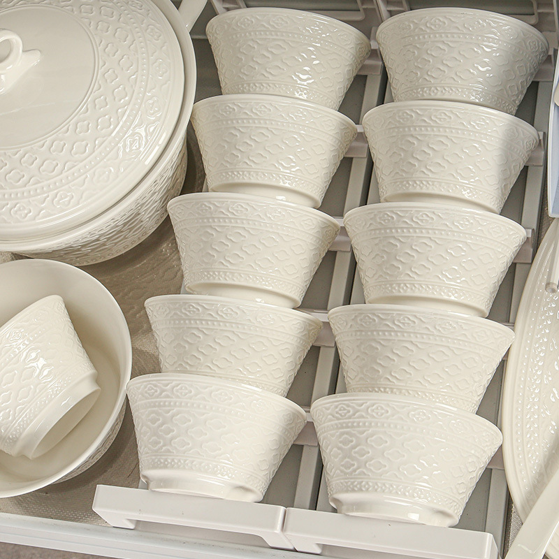 Jingdezhen Pure White Bowls and Plates High-Value Underglaze Color Bowls and Plates Set Household Rice Plates 2024 Tableware Relief