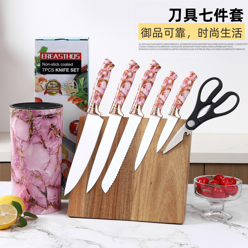 Spot cocina de mármol casero dorado cuchillo de cocina casero set de siete piezas cuchillo de cocinero cuchillo de pan